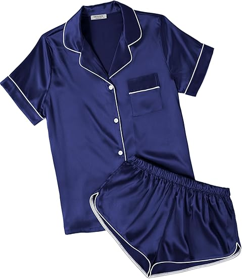 Ekouaer Womens Silk Satin Pajamas Short Sleeve Sleepwear Soft Button Down Lounge Set 2 Piece PJS Shorts Set Navy Blue XX-Large