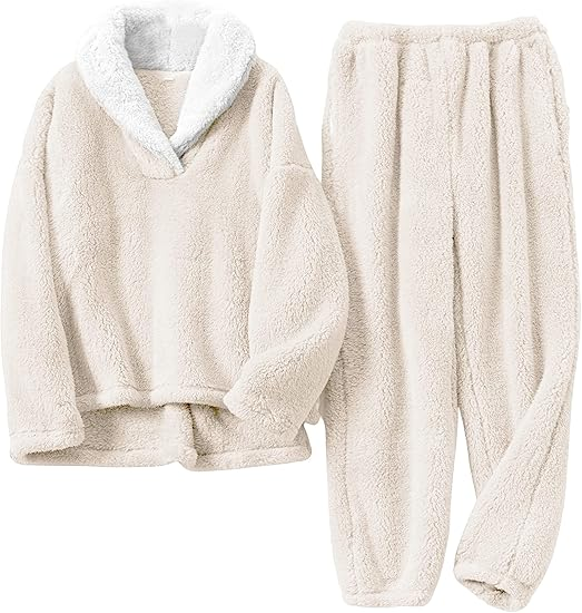 Hooever Women's Fluzzy Sherpa Fleece Pajamas Warm Pullover Lapel Sleepwear Sets