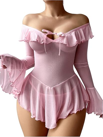 OYOANGLE Women's 2 Piece Off Shoulder Long Sleeve Ruffle Mesh Sheer Nightgowns with Thongs Babydoll Lingerie Set