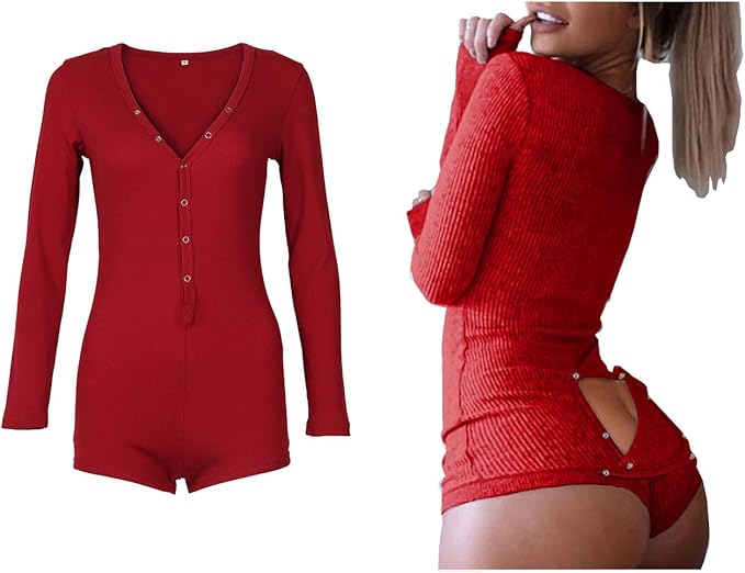 Roselux Women's Sexy Deep V Neck Shorts Long Sleeve Knitted One Piece Bodysuit Sexy Pajama Onesie Bodycon Rompers Overall