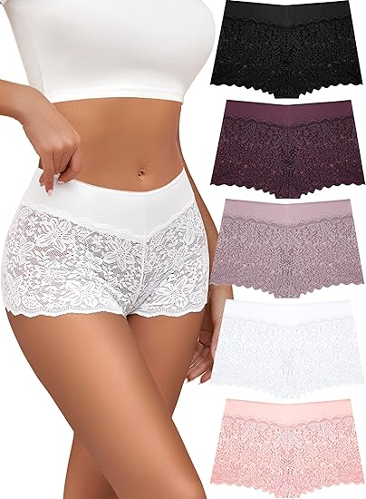 Lace Boy Shorts Sexy Cheeky Panties Breathable Womens Underwear Stretch Cotton Waistband Underwear Women 5 Pack