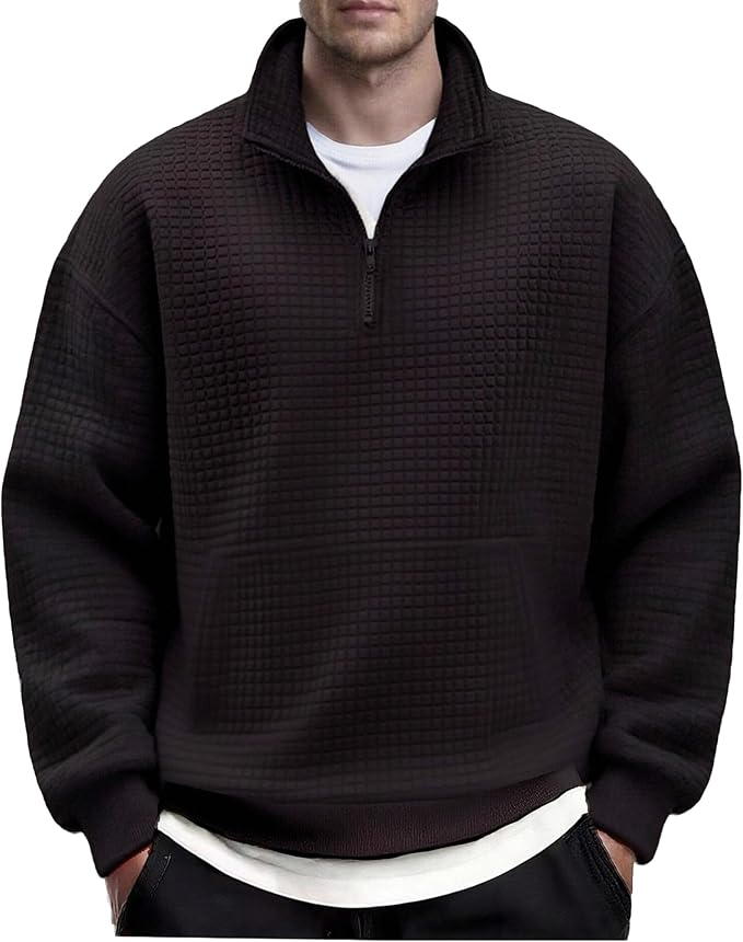 COOFANDY Mens Quarter Zip Pullover Long Sleeve Waffle Quilted Sweatshirt Casual Polo Sweaters with Pocket