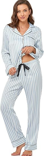 Women's Satin Pajama Set Long Sleeve Button Down Sleepwear 2-Piece Silky Pj Set