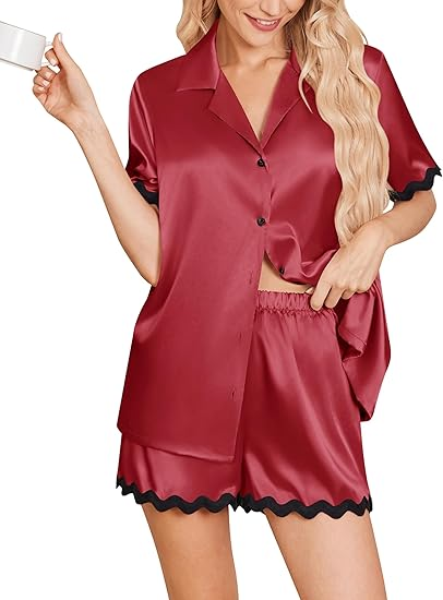 Ekouaer Womens Satin Pajamas Set Button Down 2 Piece Silky Pjs Shorts Set Notch Collar Sleepwear