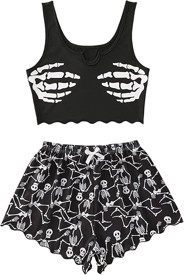 WDIRARA Women's Plus Size Sleepwear Cute Cartoon Print Scalloped Tank Top and Shorts Pajama Set