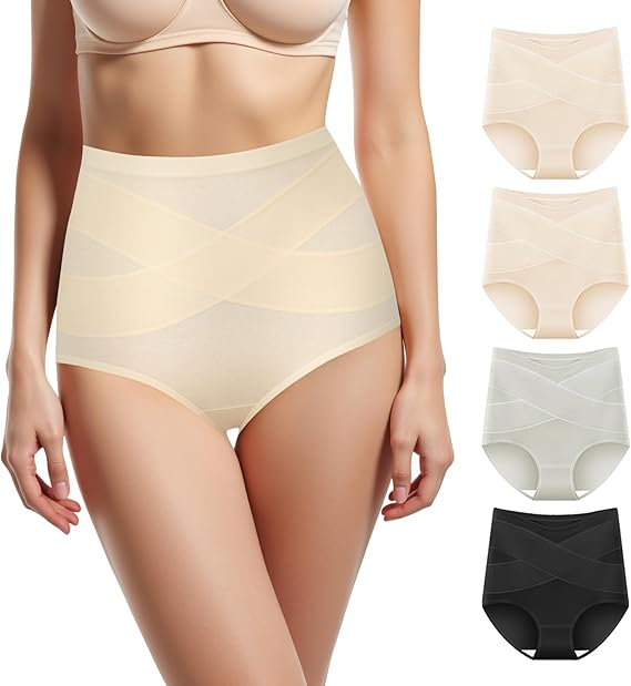 Women's High Waisted Underwear Slightly Tummy Control Cotton Panties Full Coverage Postpartum Briefs 4 Pack