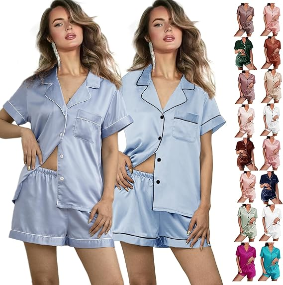 2 Pack: Silk Pajamas XS-2XL Womens Satin Pajama Set Bride Soft Pj Lounge Sets Pjs Shorts Set Short Sleepwear