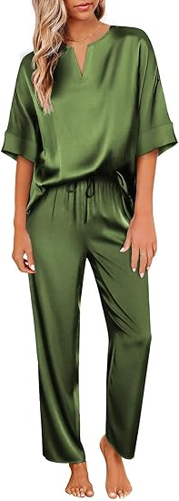 Ekouaer Satin Pajama Set Womens Silk Short Sleeve V Neck Shirt with Long Pant Soft Loungewear Pjs Set
