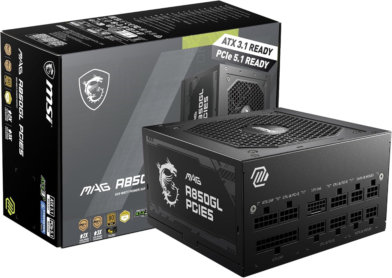 MSI MAG A850GL PCIE5, Fully Modular Compact Gaming 850W Power Supply, 80+ Gold, ATX 3.1 & PCIe 5.1 Ready, Native Dual-Color 12V-2x6 Cable, 10 Year Warranty